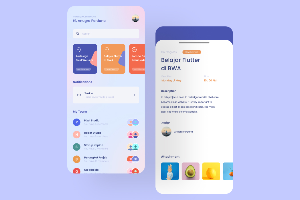 Hasil karya projek Project Management - Mobile App belajar design dan code di BuildWithAngga