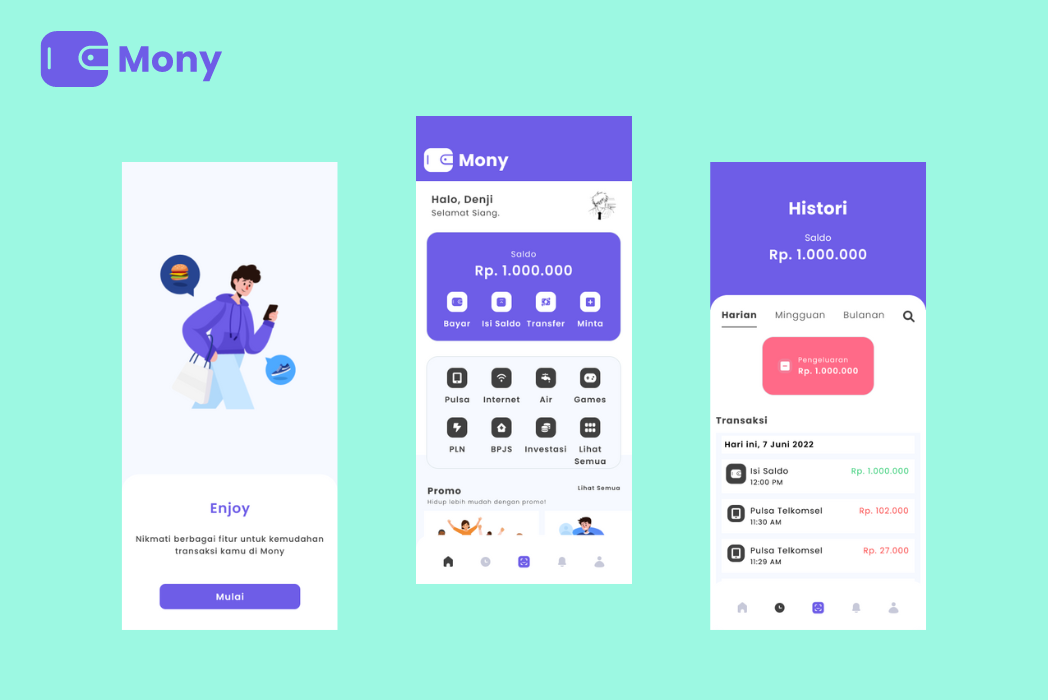 Hasil karya Mony: E-Wallet Mobile App belajar di BuildWithAngga
