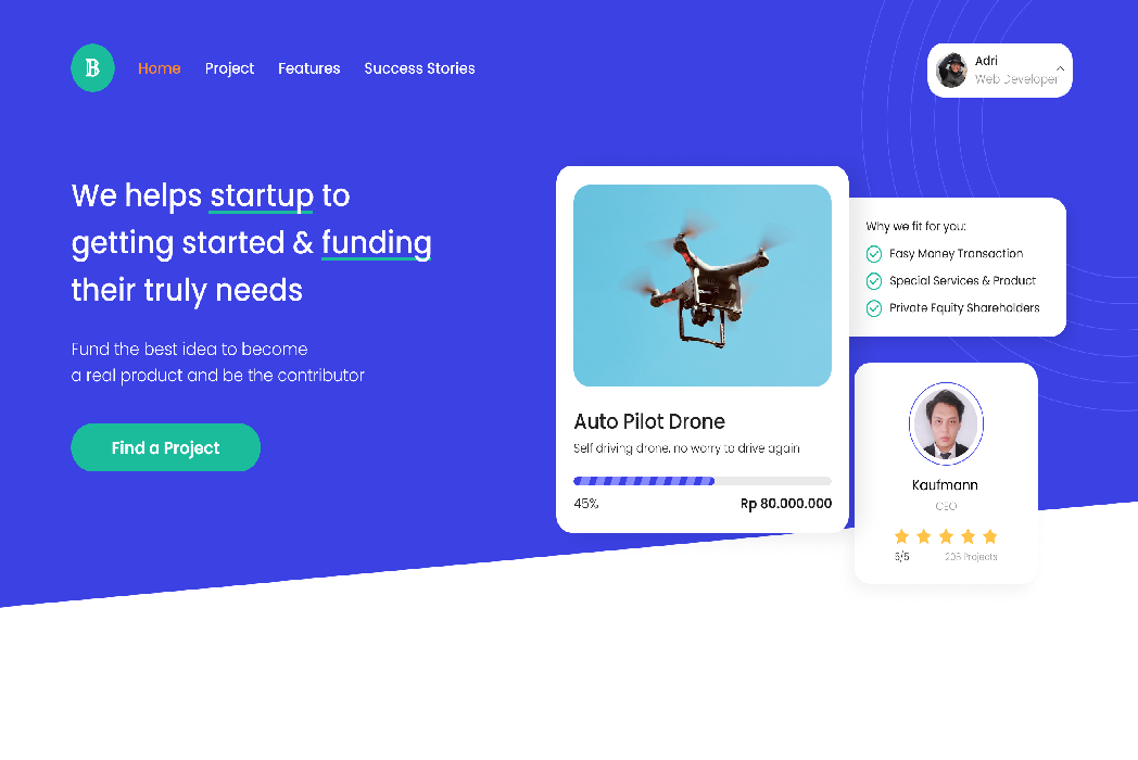 Hasil karya UI Design Crowdfunding web di BuildWithAngga