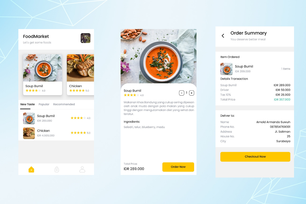 Hasil karya projek Food Market Flutter belajar design dan code di BuildWithAngga