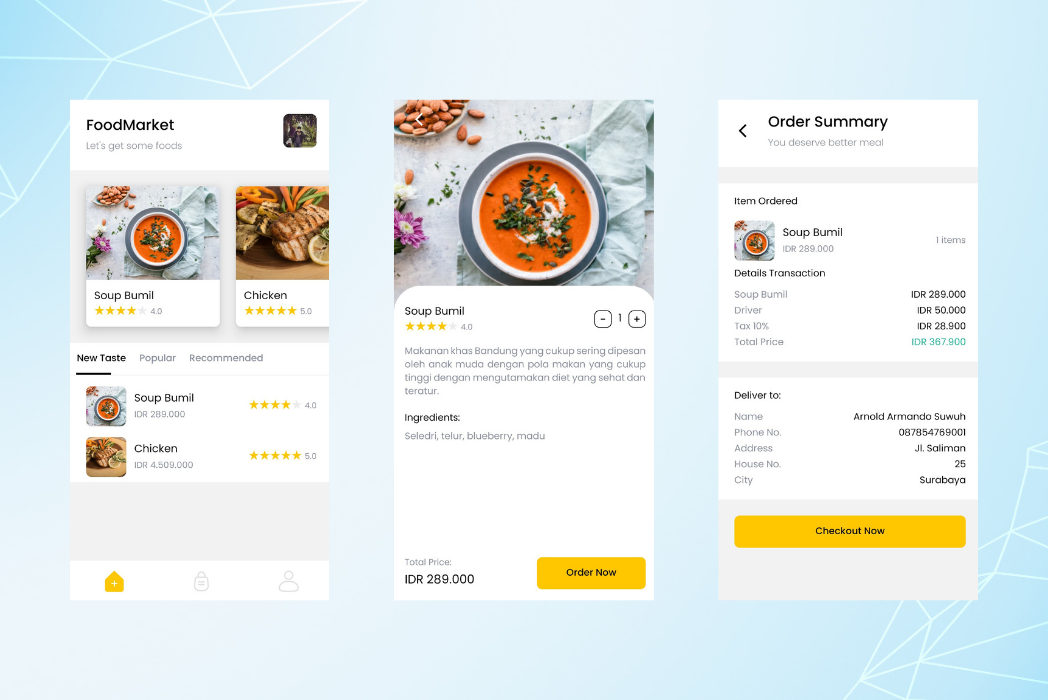 Hasil karya projek Food Market Kotlin belajar design dan code di BuildWithAngga